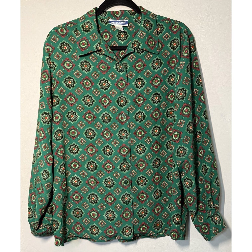 Vintage Pendleton Button Up Blouse Women's 14 Green Floral Tile Print Classic